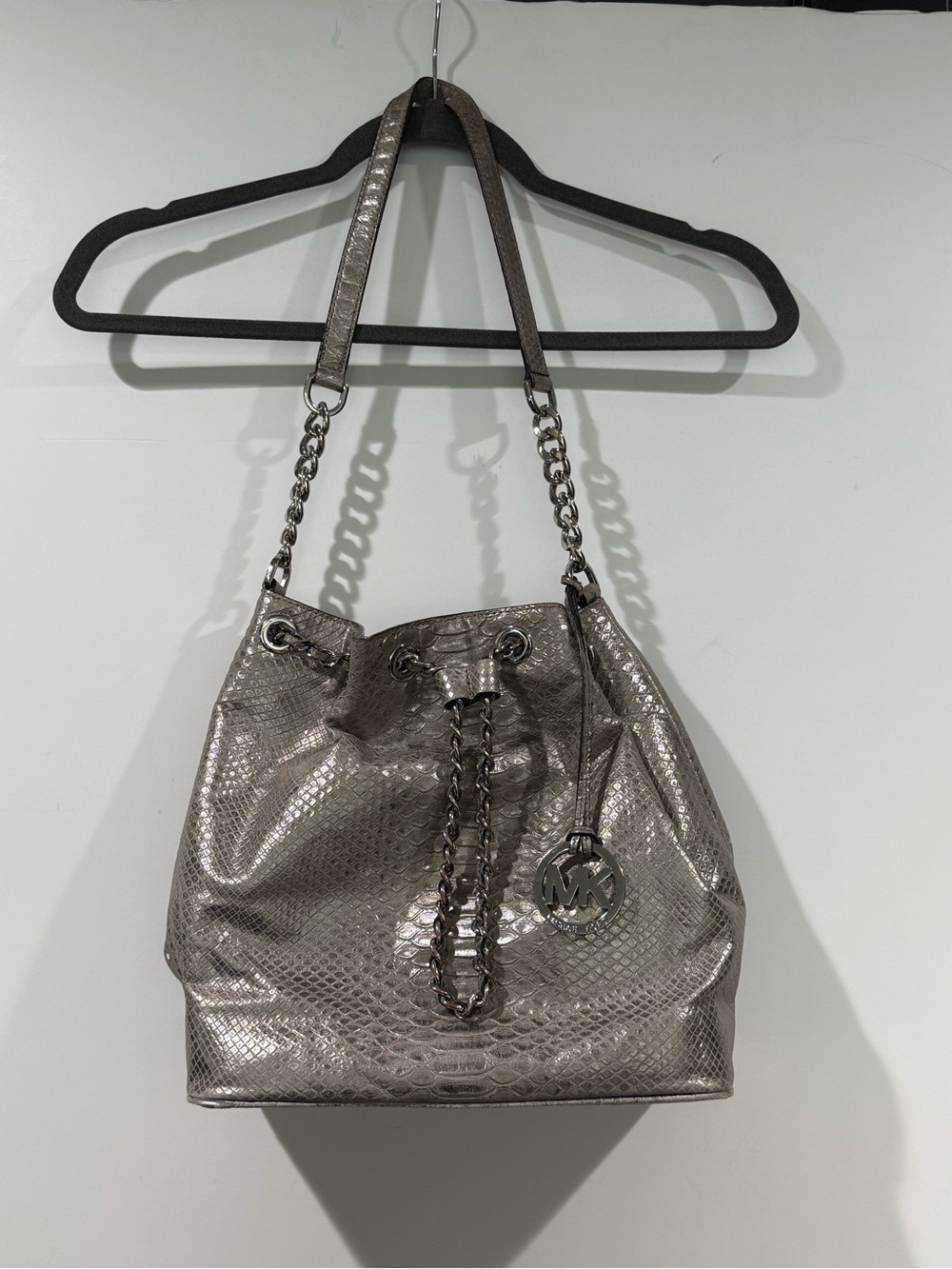 MICHAEL Michael Kors Metallic Silver Snake-Embossed Drawstring Shoulder Bag
